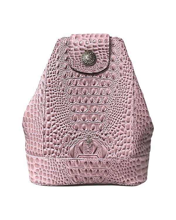 Pink faux crocodile AllyBee bag with a nickel decorative concho on the front.