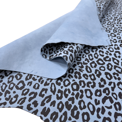 Suede Leopard Print Leather Hide – Light Blue/Black