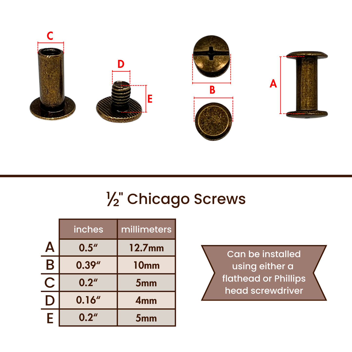 1/2" (12.7mm) Chicago Screws (8 Pack)